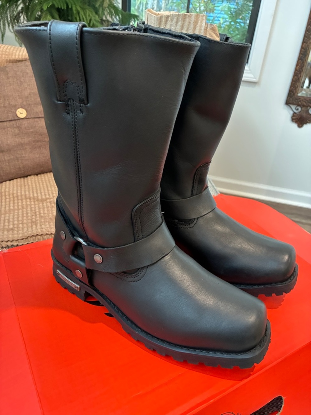 Men's Black Leather Motorcycle Boots - Classic Harness Style